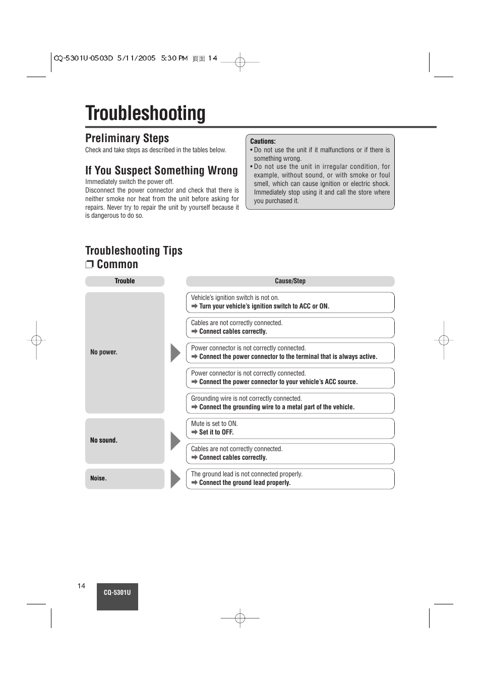 Troubleshooting, Preliminary steps, If you suspect something wrong | Troubleshooting tips ❐ common | Panasonic CQ-5301U User Manual | Page 14 / 28