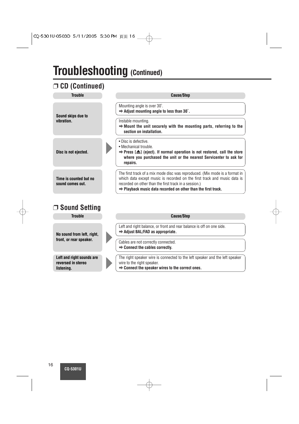 Troubleshooting, Continued), Sound setting | Cd (continued) | Panasonic CQ-5301U User Manual | Page 16 / 28