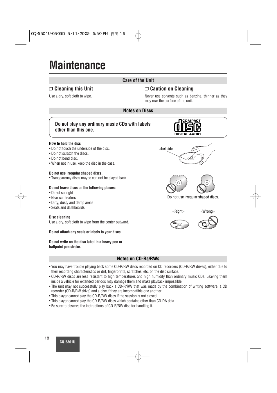 Maintenance | Panasonic CQ-5301U User Manual | Page 18 / 28