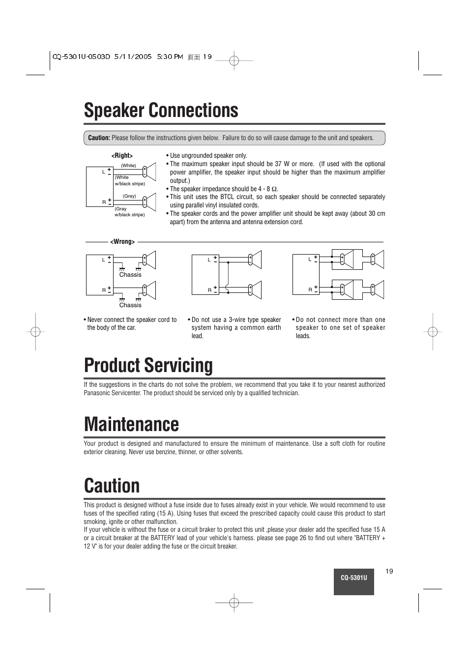 Speaker connections, Product servicing, Maintenance | Caution | Panasonic CQ-5301U User Manual | Page 19 / 28