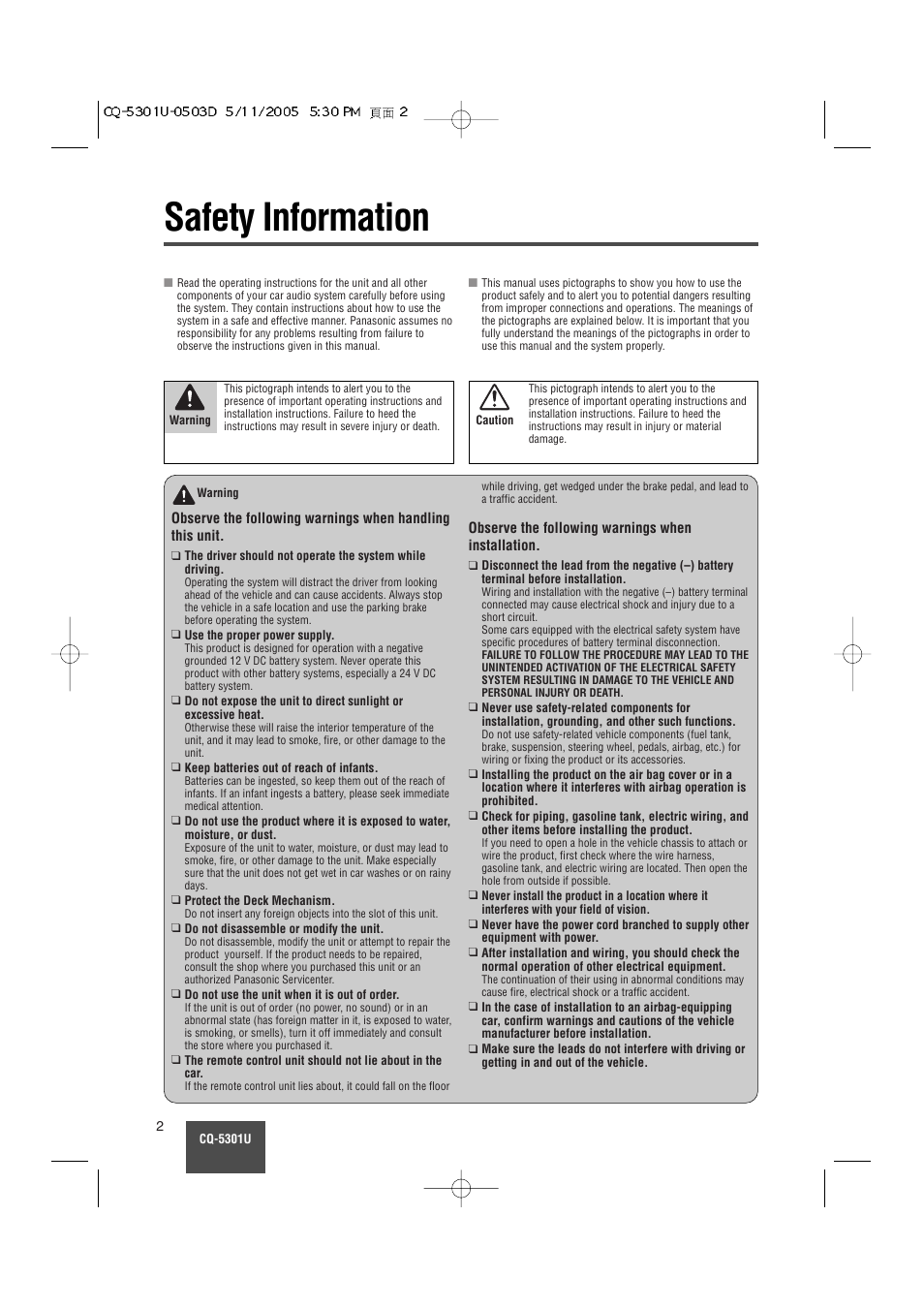 Safety information (part 15 of the fcc rules), Safety information | Panasonic CQ-5301U User Manual | Page 2 / 28