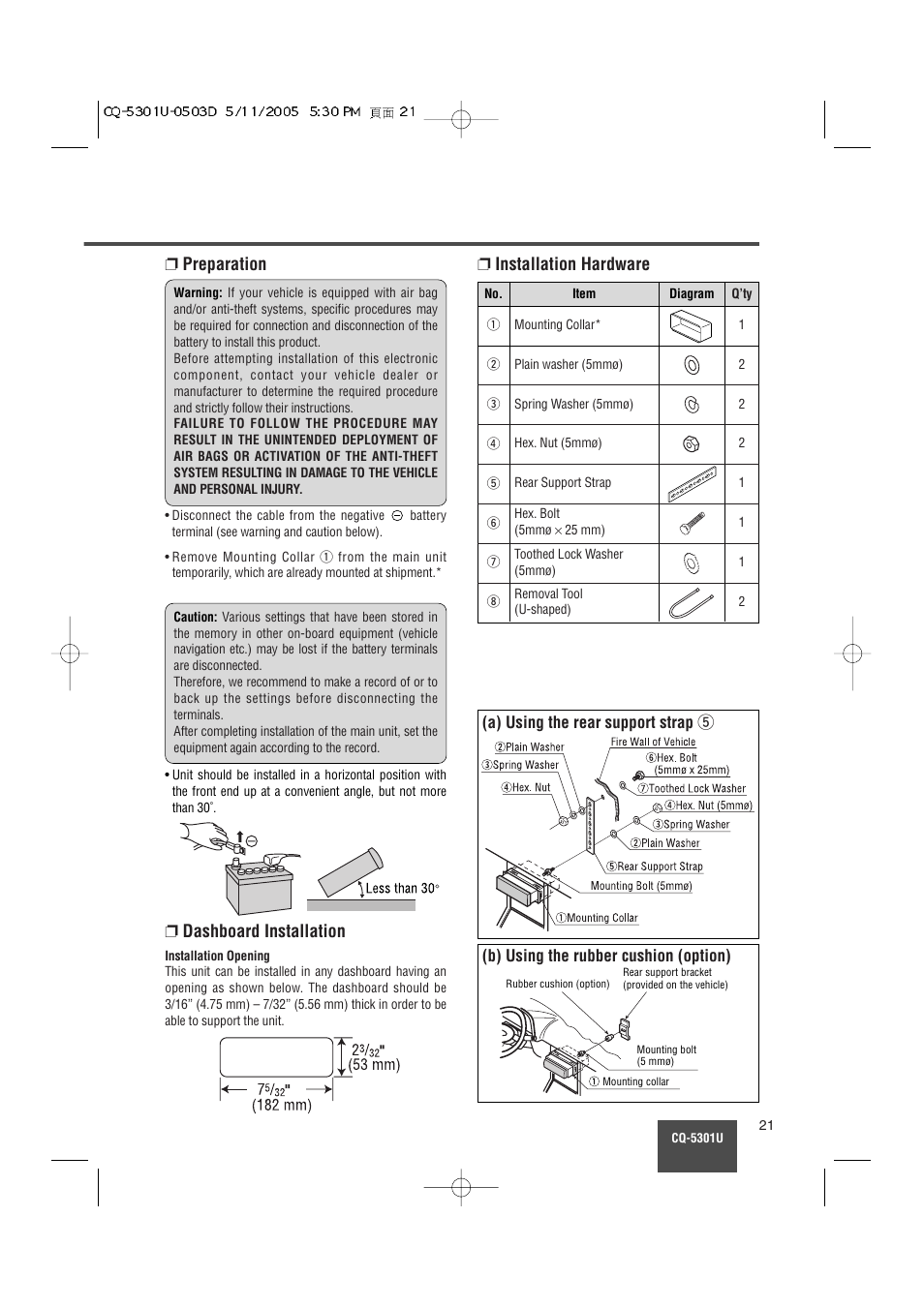 Preparation ❐ installation hardware, Dashboard installation | Panasonic CQ-5301U User Manual | Page 21 / 28