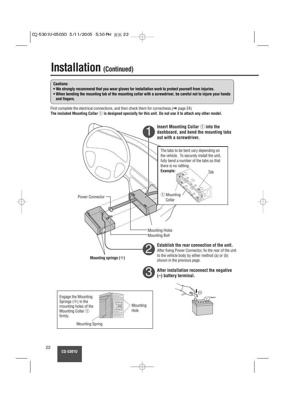 Installation, Continued) | Panasonic CQ-5301U User Manual | Page 22 / 28