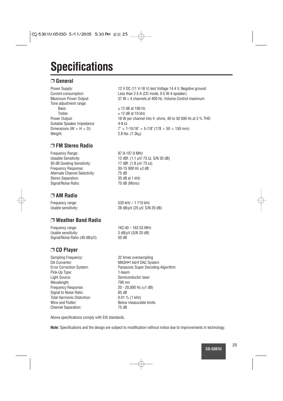 Specifications, General, Fm stereo radio | Am radio, Weather band radio, Cd player | Panasonic CQ-5301U User Manual | Page 25 / 28