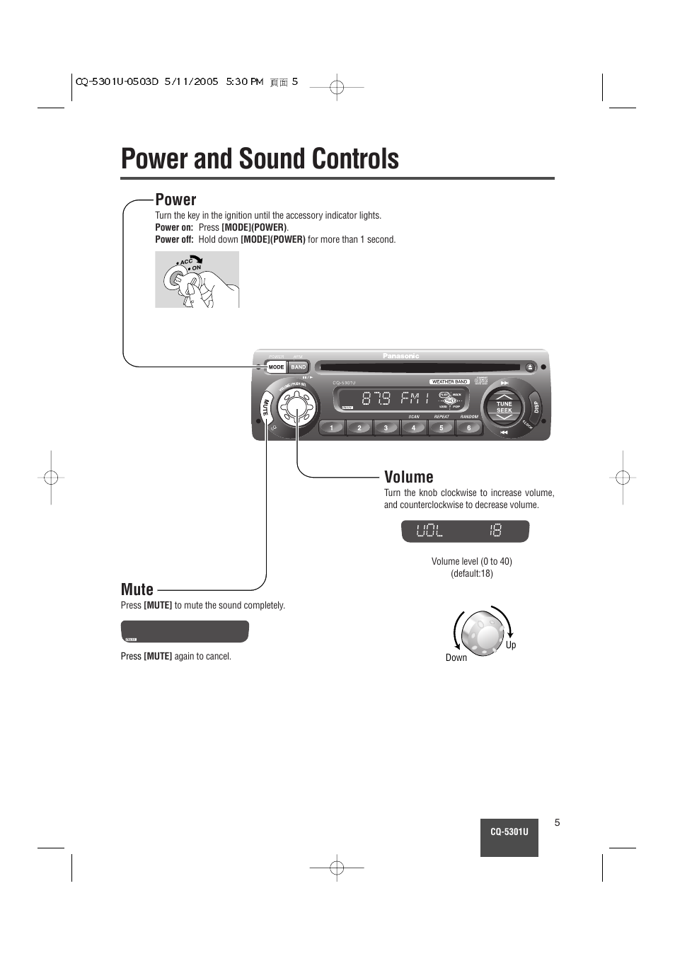 Power and sound controls, Power, Volume | Mute | Panasonic CQ-5301U User Manual | Page 5 / 28
