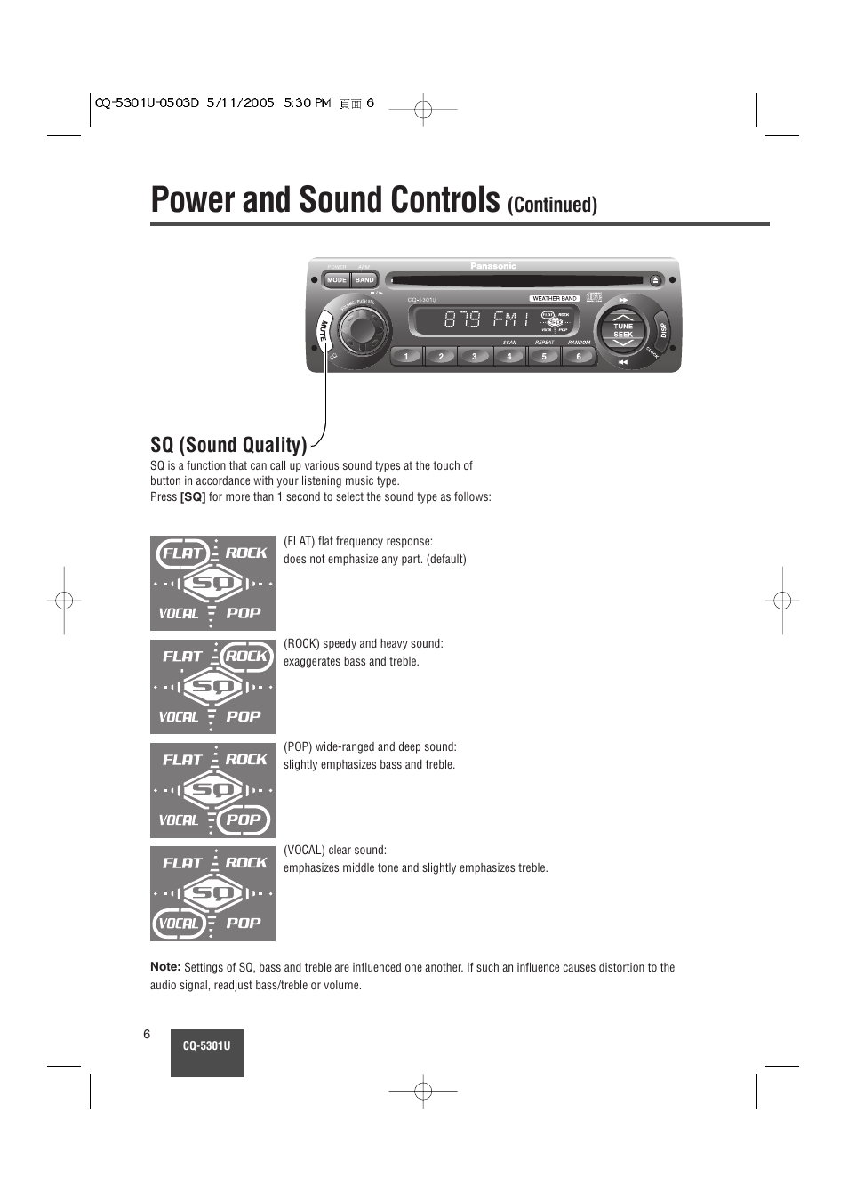 Power and sound controls, Sq (sound quality), Continued) | Panasonic CQ-5301U User Manual | Page 6 / 28
