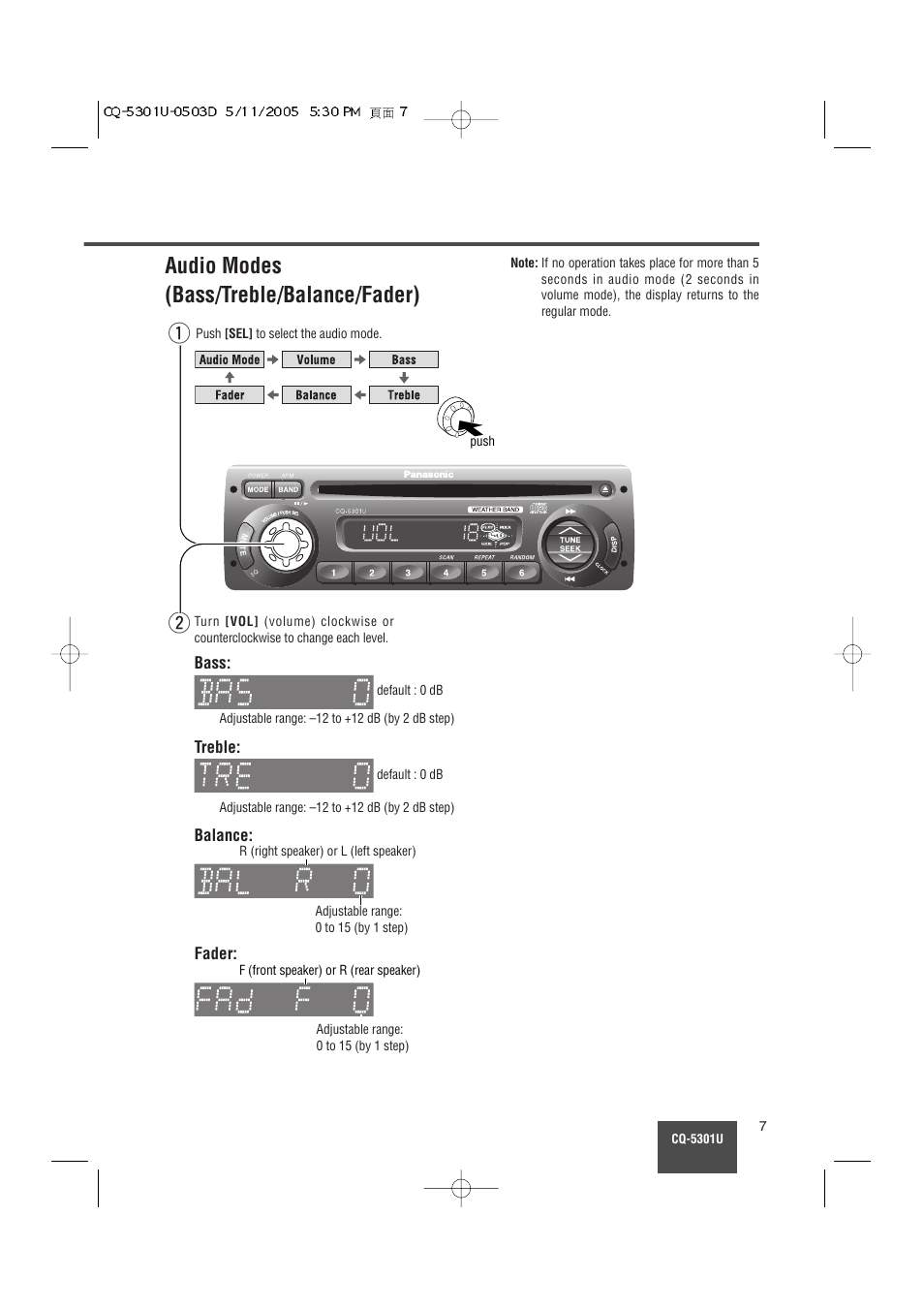 Audio modes (bass/treble/balance/fader) | Panasonic CQ-5301U User Manual | Page 7 / 28