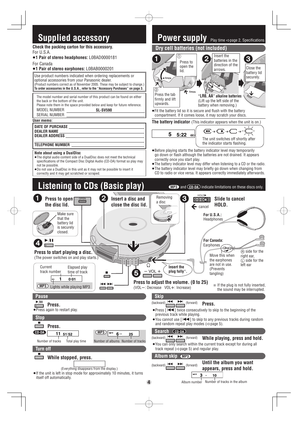 Supplied accessory, Power supply, Listening to cds (basic play) | Dry cell batteries (not included) | Panasonic SL-SV590 User Manual | Page 4 / 6