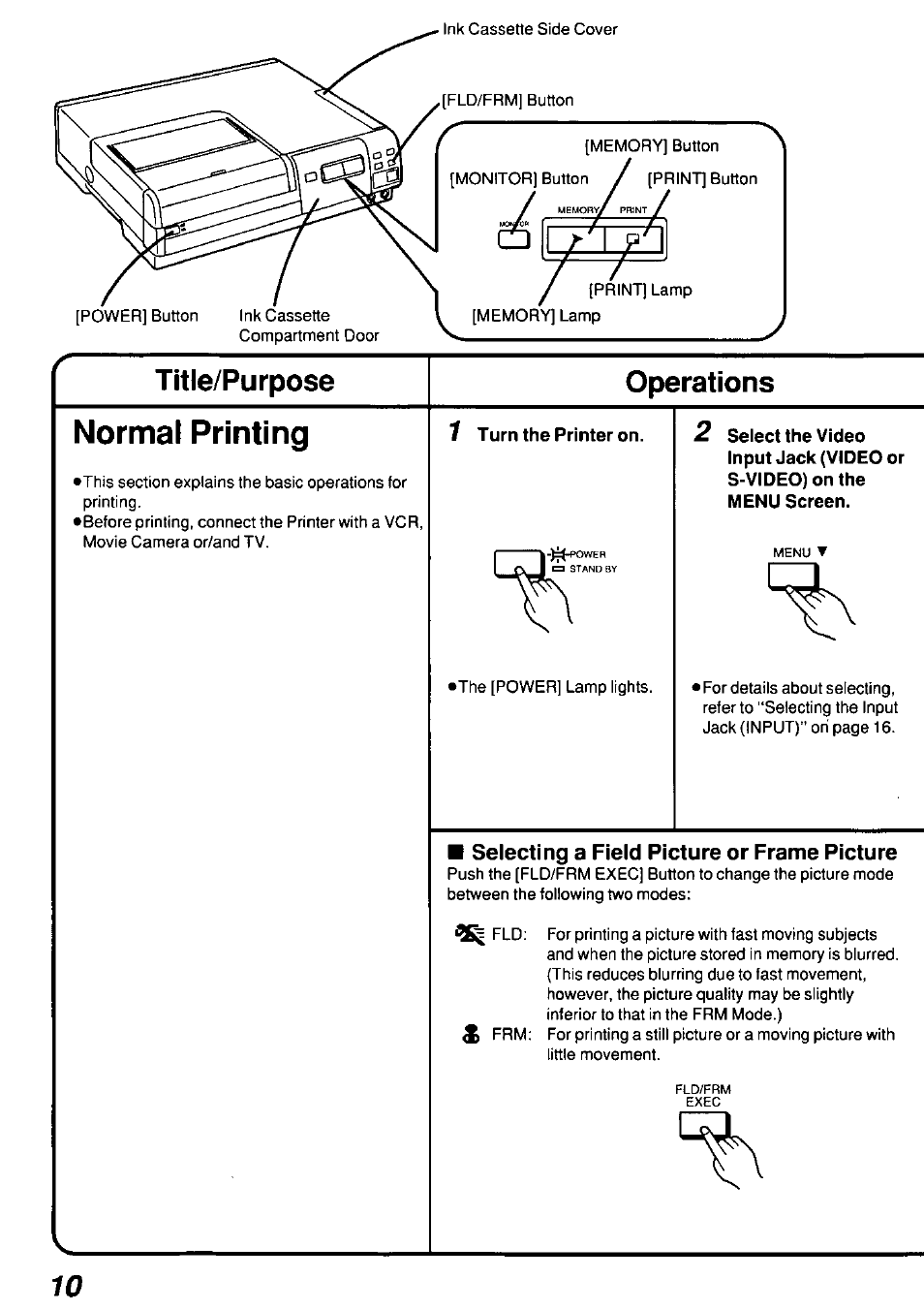 Title/purpose, Operations, Normal printing | Selecting a field picture or frame picture, Title/purpose operations normal printing | Panasonic AGEP50 User Manual | Page 10 / 40