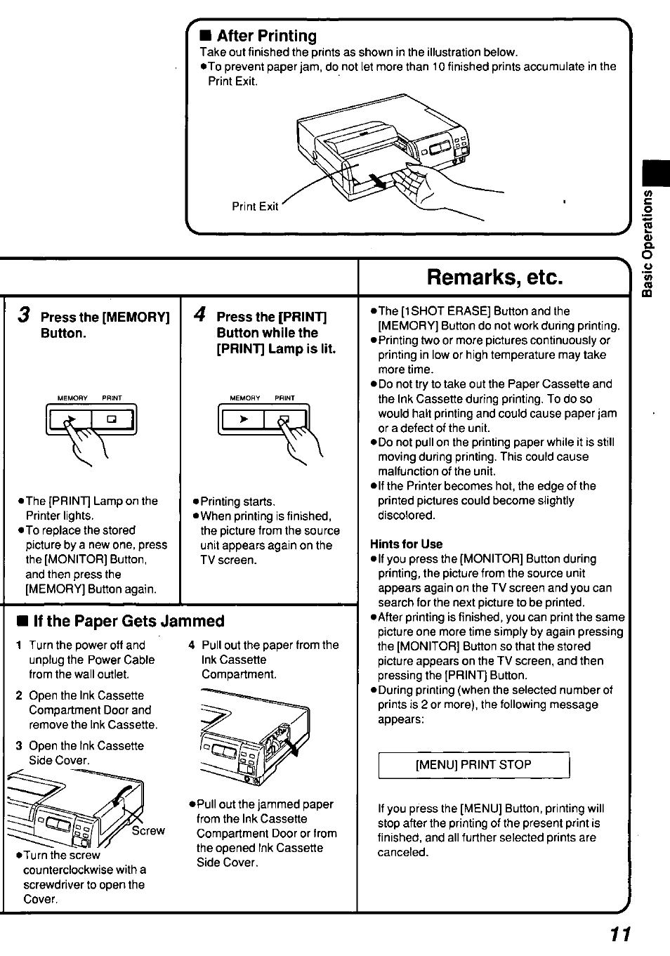 After printing, Remarks, etc, If the paper gets jammed | Hints for use | Panasonic AGEP50 User Manual | Page 11 / 40