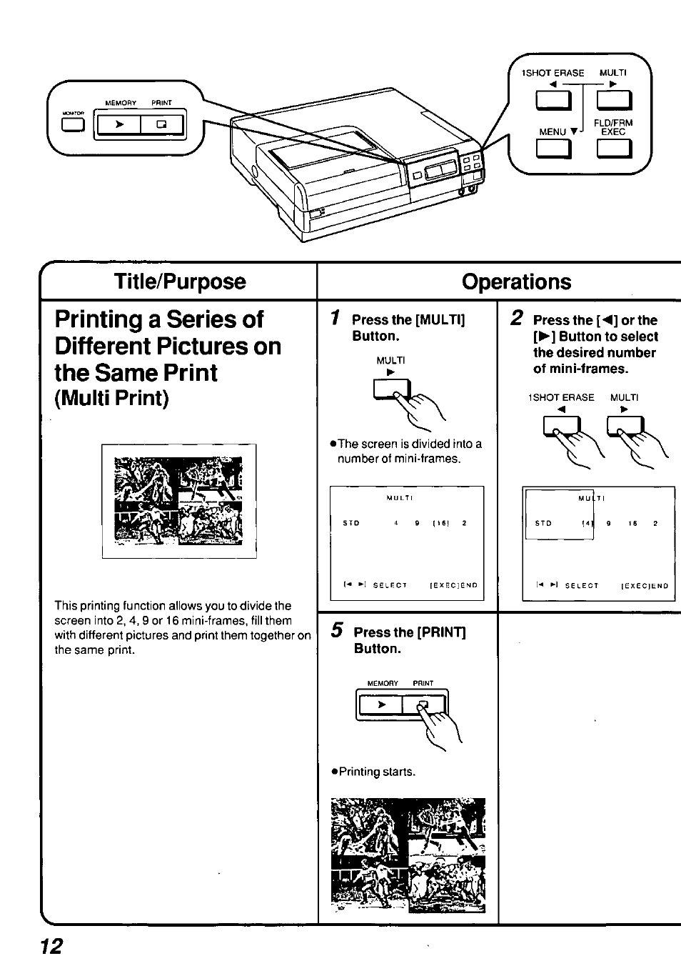 Title/purpose, Operations, Title/purpose operations | Multi print) | Panasonic AGEP50 User Manual | Page 12 / 40