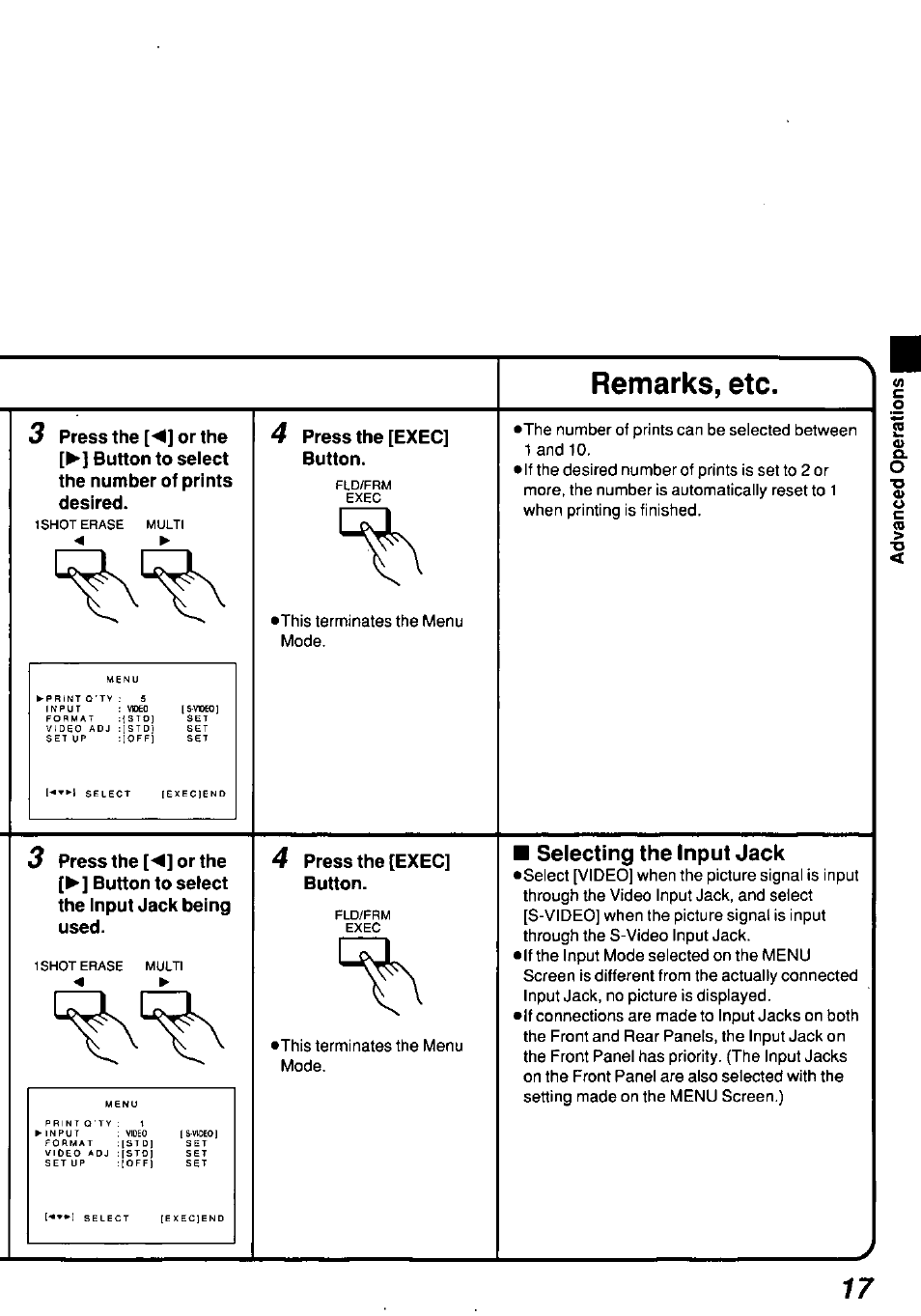 Selecting the input jack, Remarks, etc, Press the [exec] button | Panasonic AGEP50 User Manual | Page 17 / 40