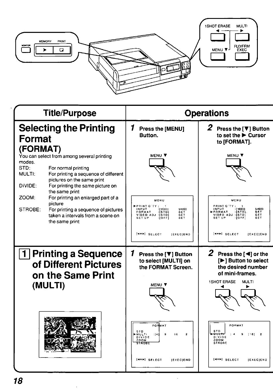 Title/purpose, Operations, Format) | Selecting the printing format, Title/purpose operations, Multi) 1 | Panasonic AGEP50 User Manual | Page 18 / 40