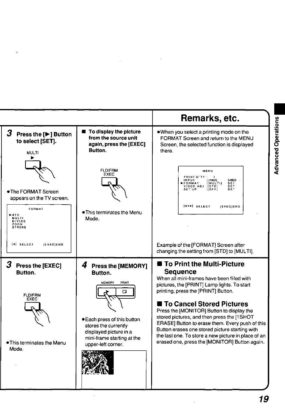 Remarks, etc, To print the multi-picture sequence, To cancel stored pictures | Panasonic AGEP50 User Manual | Page 19 / 40