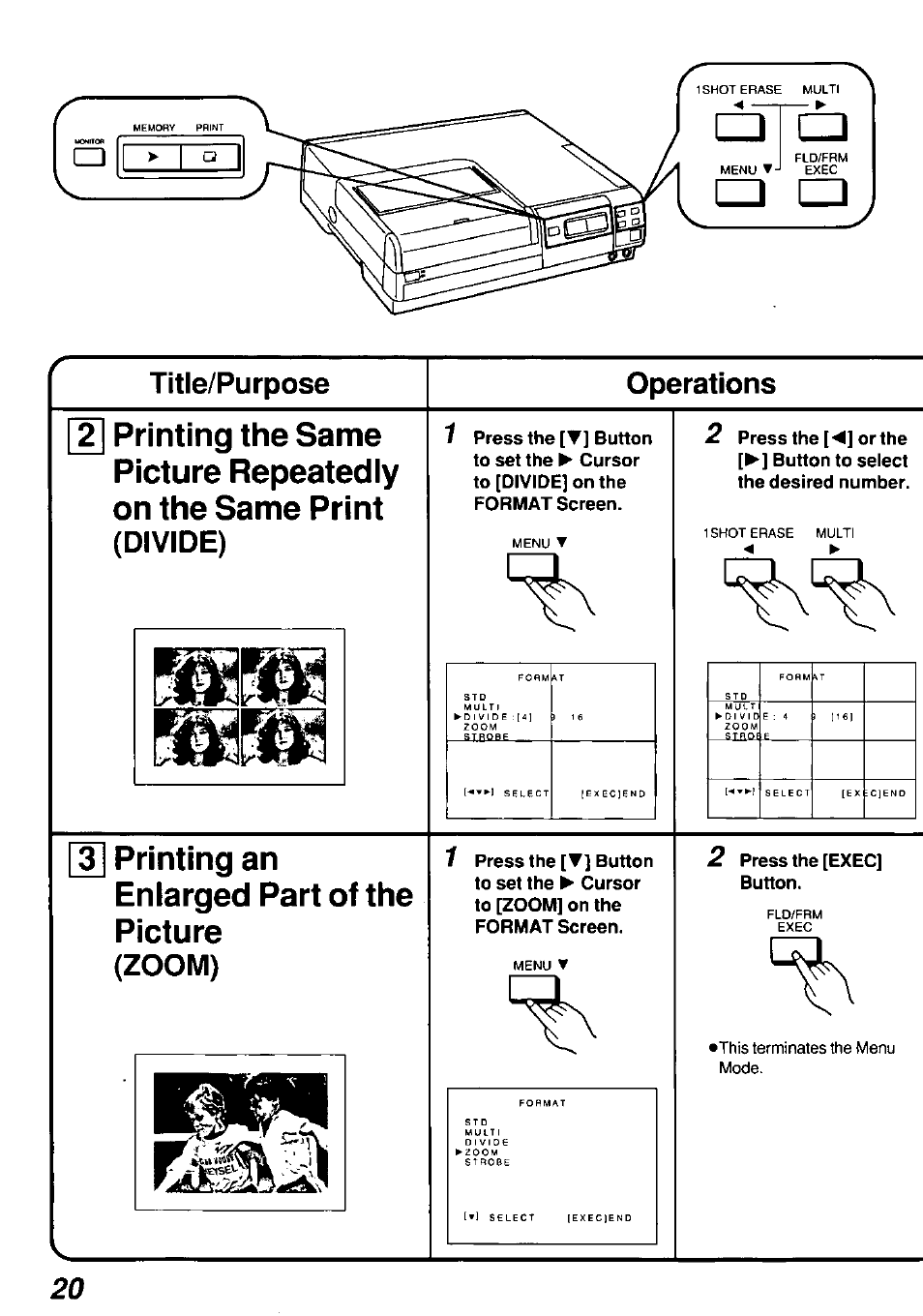 Title/purpose, Operations, Zoom) | Printing an enlarged part of the picture, Title/purpose operations, Divide) | Panasonic AGEP50 User Manual | Page 20 / 40