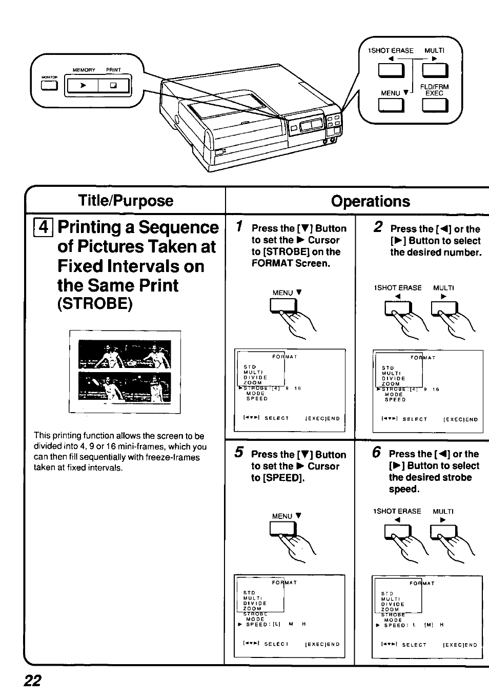 Title/purpose, Operations, Title/purpose operations | Strobe) | Panasonic AGEP50 User Manual | Page 22 / 40