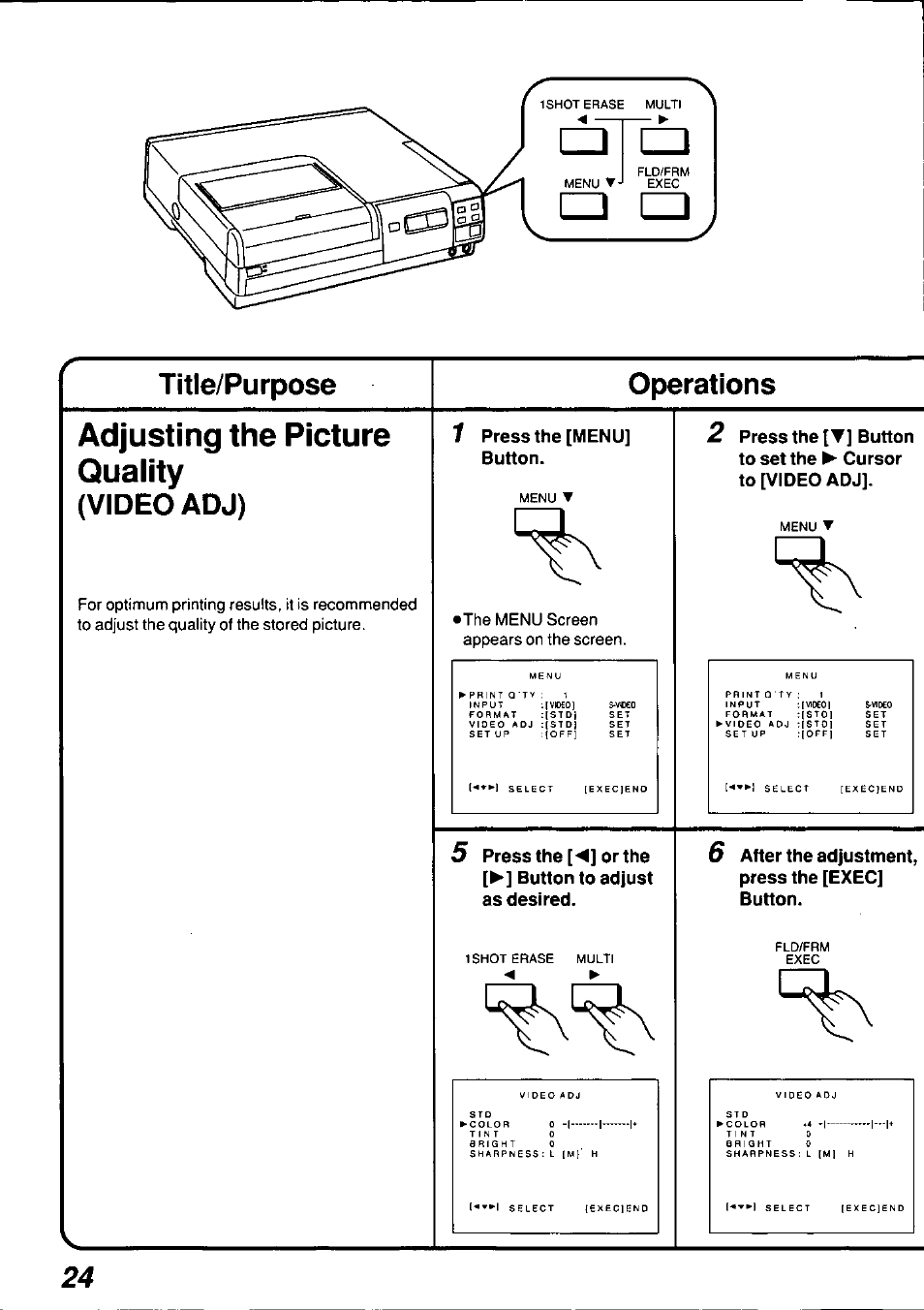 Title/purpose, Operations, Video adj) | Adjusting the picture quality, Title/purpose operations | Panasonic AGEP50 User Manual | Page 24 / 40