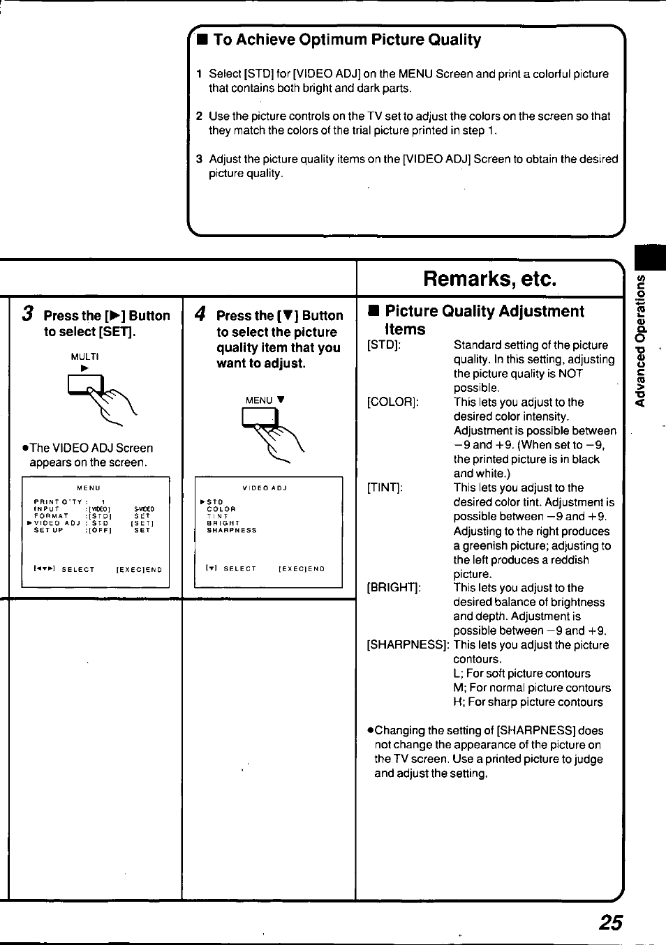 To achieve optimum picture quaiity, Remarks, etc, Picture quality adjustment items | Press the [^] button to select [set | Panasonic AGEP50 User Manual | Page 25 / 40