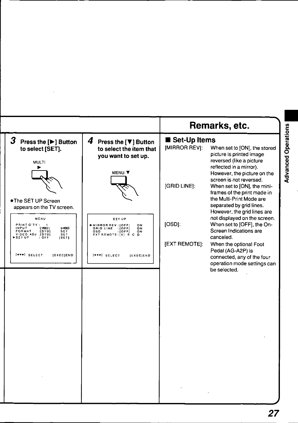 Set-up items, Remarks, etc, Press the [^] button to select [set | S-veeo | Panasonic AGEP50 User Manual | Page 27 / 40