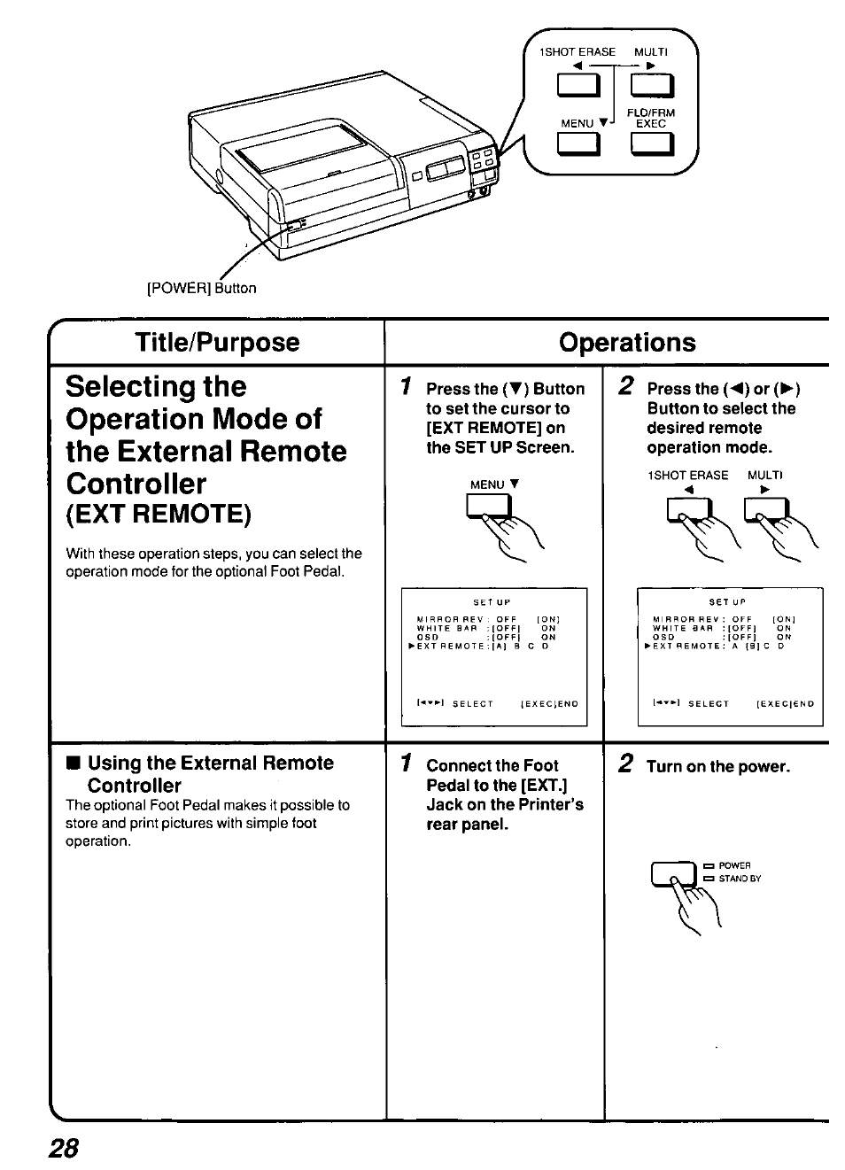 Title/purpose, Operations, Using the external remote controller | Title/purpose operations, Ext remote) | Panasonic AGEP50 User Manual | Page 28 / 40