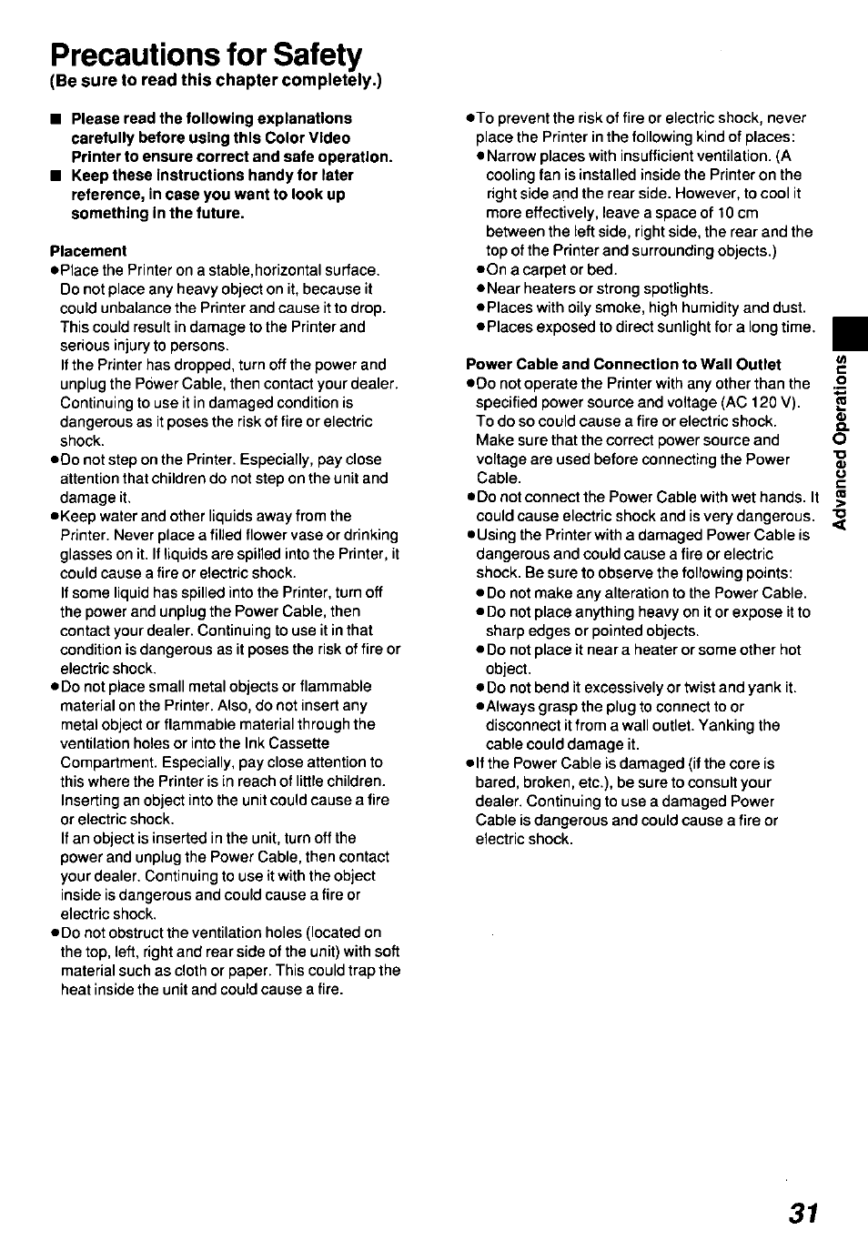 Placement, Power cable and connection to wall outlet, Precautions for safety | Panasonic AGEP50 User Manual | Page 31 / 40
