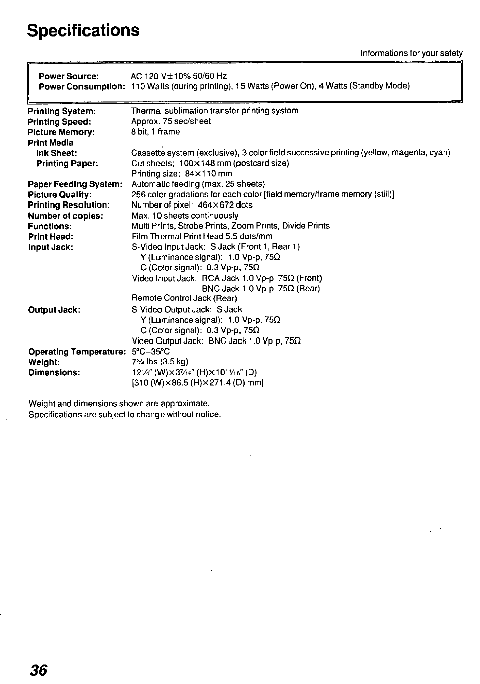 Specifications | Panasonic AGEP50 User Manual | Page 36 / 40