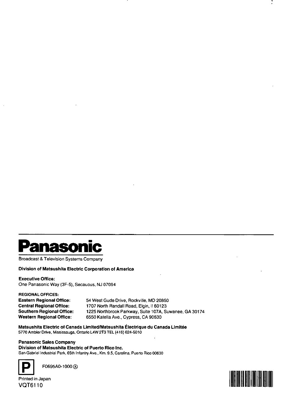 Panasonic, Vqt6110 | Panasonic AGEP50 User Manual | Page 40 / 40