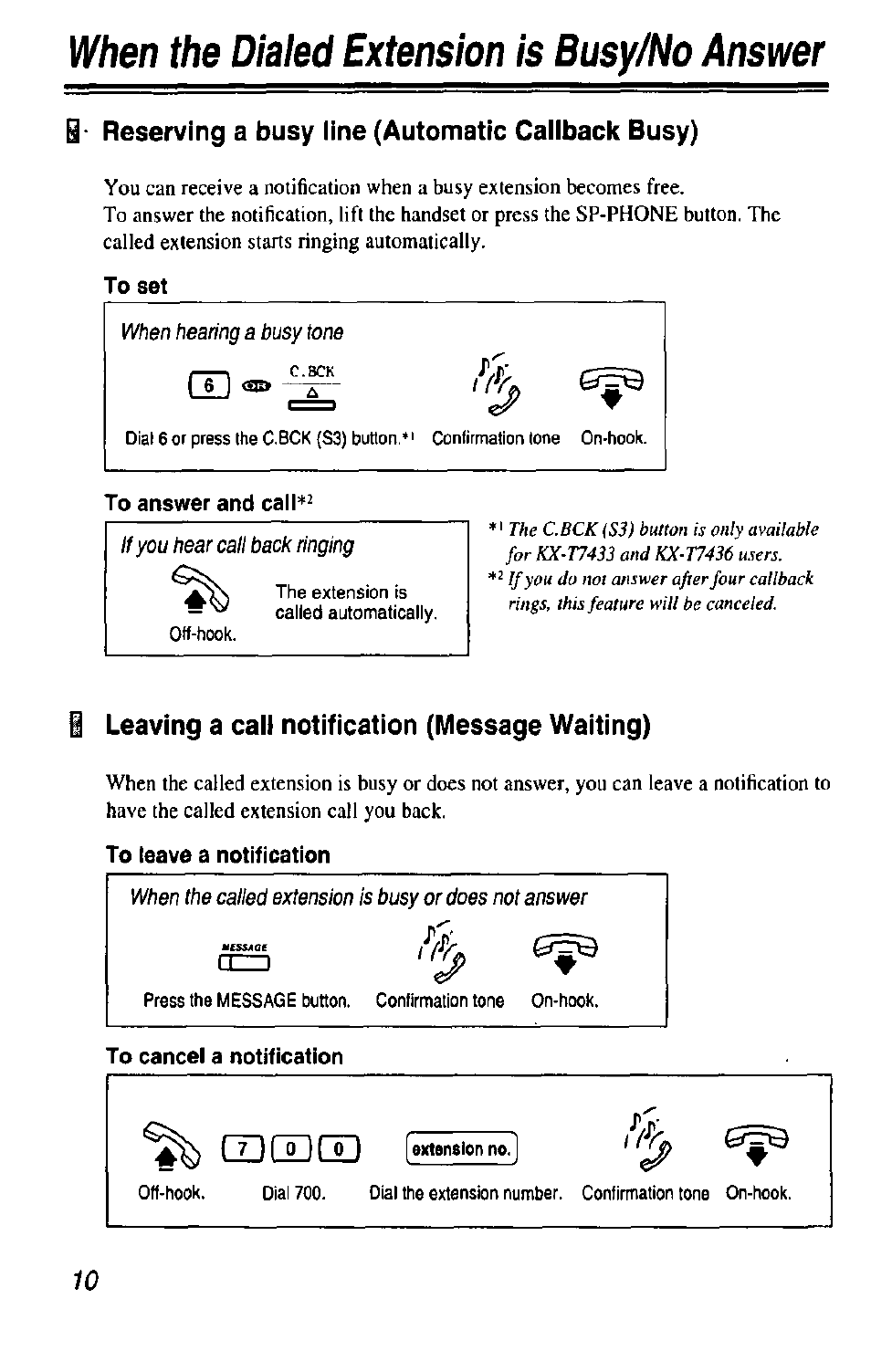 B reserving a busy line (automatic callback busy), To set, To answer and call | В leaving a call notification (message waiting), To leave a notification, To cancel a notification, When the dialed extension is busy/no answer | Panasonic KX-T7433 User Manual | Page 10 / 36