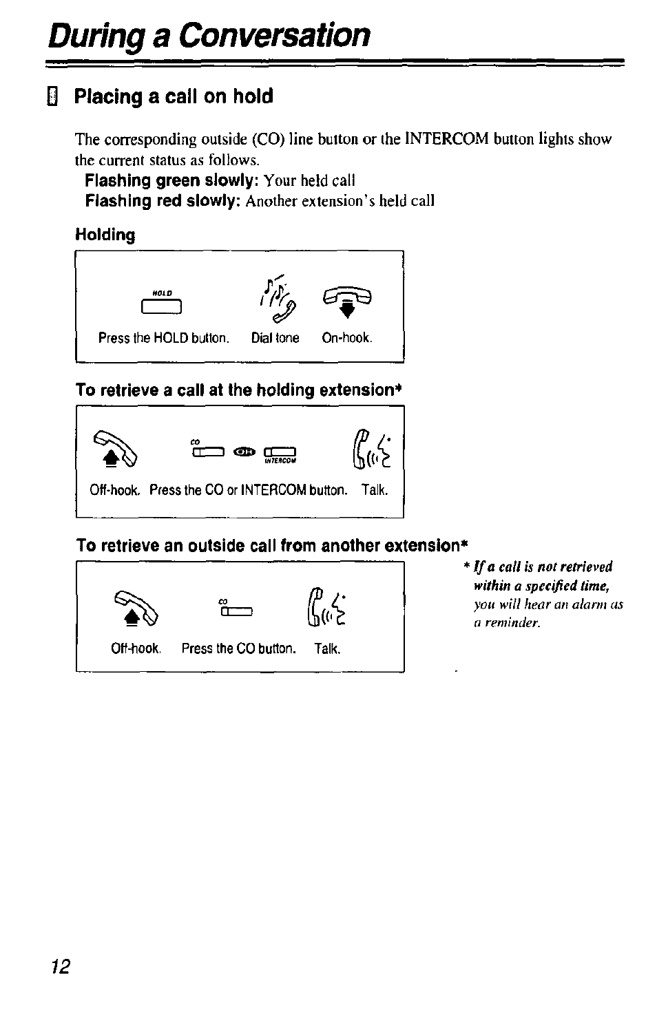 0 placing a call on hold, Flashing green slowly: your held cal, Holding | To retrieve a call at the holding extension, To retrieve an outside call from another extension, Placing a call on hold, During a conversation, Your held cal, Another extension’s held call | Panasonic KX-T7433 User Manual | Page 12 / 36