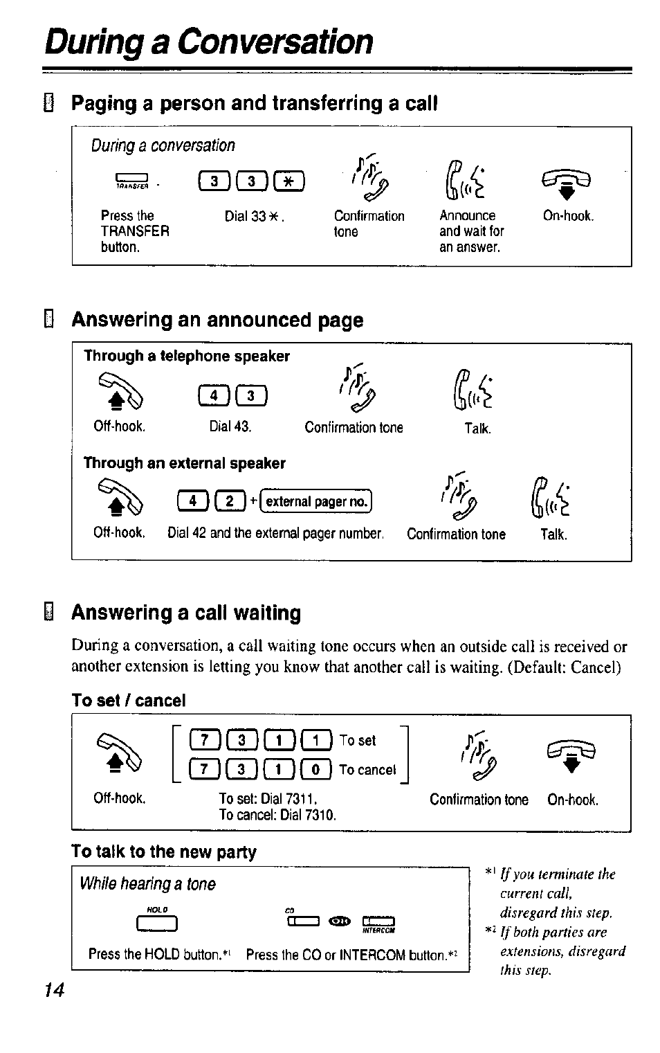 I paging a person and transferring a call, I answering a call waiting, To set / cancel | To talk to the new party, Paging a person and transferring a call, Answering a call waiting, Rrimnn fci, During a conversation | Panasonic KX-T7433 User Manual | Page 14 / 36