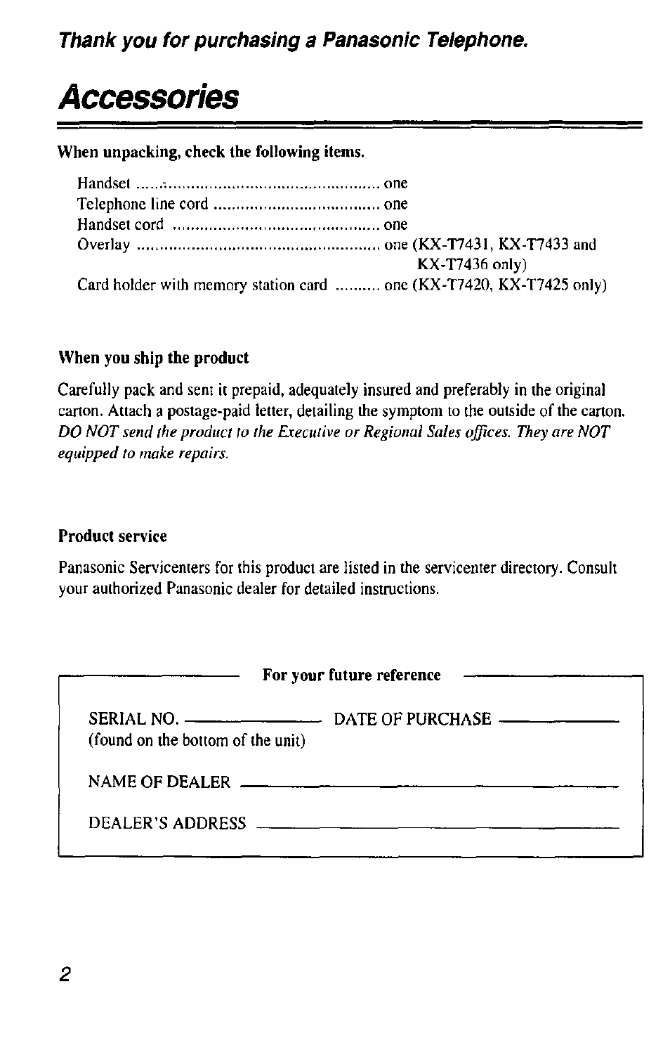 Accessories | Panasonic KX-T7433 User Manual | Page 2 / 36