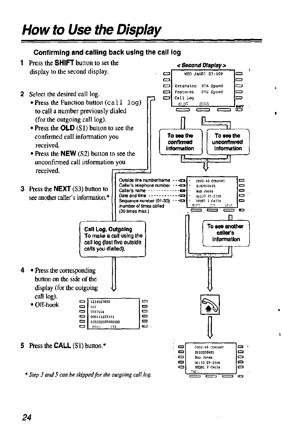 Confirming and calling back using the call log, How to use the display, Press the | S3) button to see another caller’s information, 5 fyess the, Si) button | Panasonic KX-T7433 User Manual | Page 24 / 36