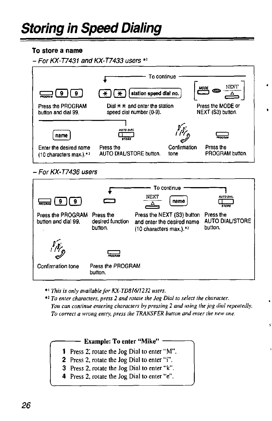 To store a name, Storing in speed dialing, Example: to enter “mike | Press 2; rotate the jog dial to enter “m, Press 2, rotate the jog dial to enter “e | Panasonic KX-T7433 User Manual | Page 26 / 36