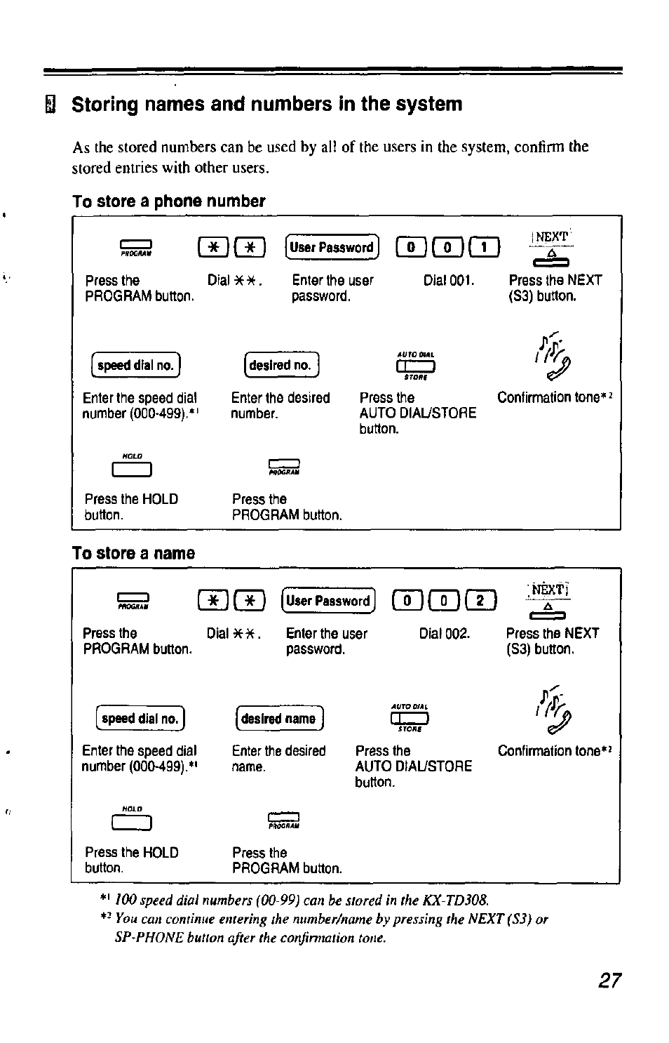 I storing names and numbers in the system, To store a phone number, To store a name | Storing names and numbers in the system, Cdcdce, Cdcdm | Panasonic KX-T7433 User Manual | Page 27 / 36