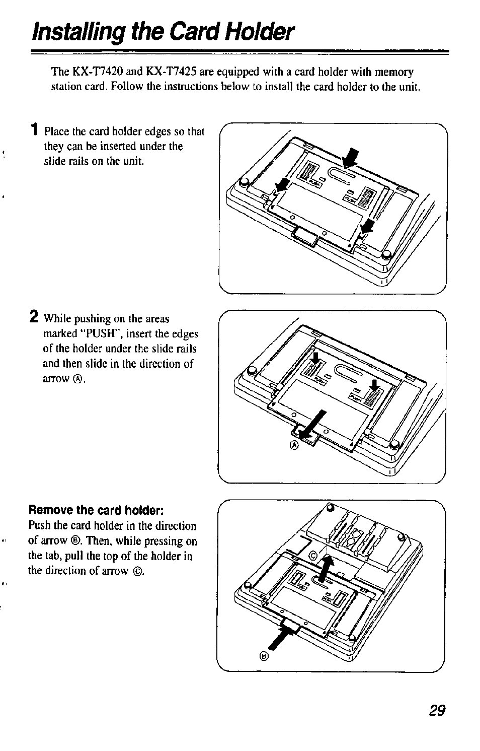 Remove the card holder, Installing the card holder | Panasonic KX-T7433 User Manual | Page 29 / 36