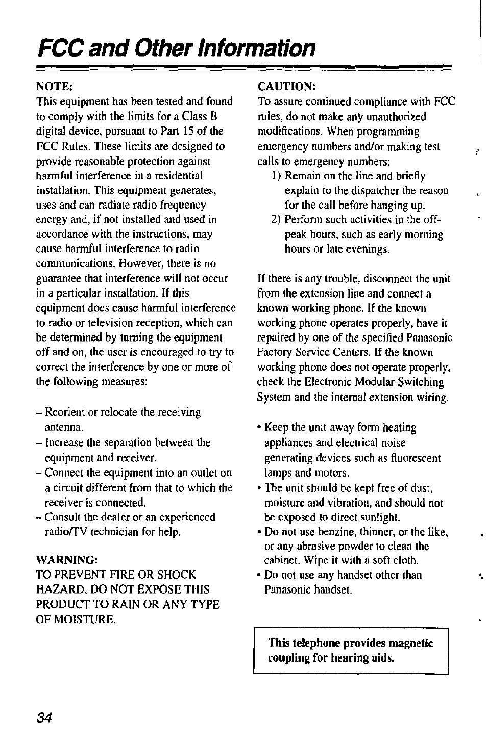 Fcc and other information | Panasonic KX-T7433 User Manual | Page 34 / 36
