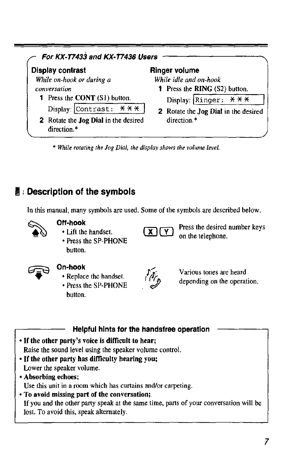 11 description of the symbois, On-hook, Helpful hints for the handsfree operation | Description of the symbols | Panasonic KX-T7433 User Manual | Page 7 / 36