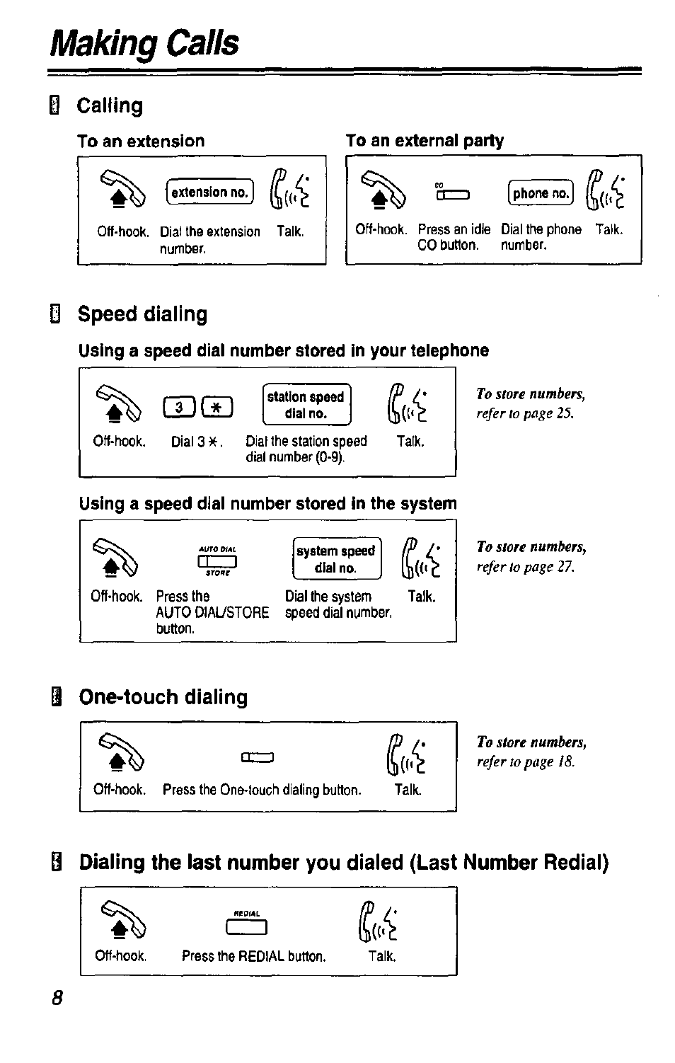 Q calling, To an extension, To an external parly | Q speed dialing, Using a speed dial number stored in your telephone, 9 one-touch dialing, Calling speed dialing one-touch dialing, G3ce, Making calls | Panasonic KX-T7433 User Manual | Page 8 / 36