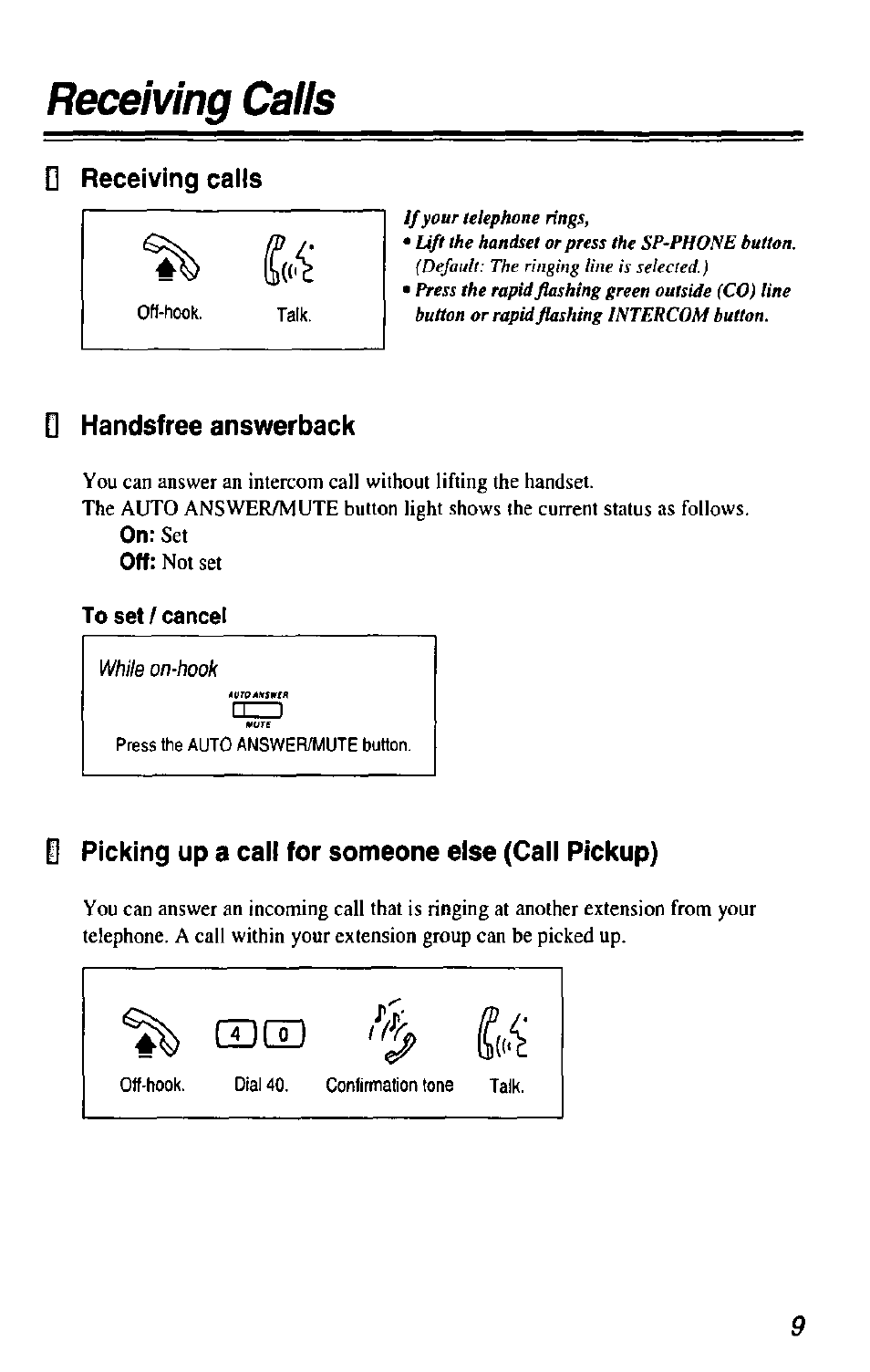 D receiving calls, D handsfree answerback, To set / cancel | I picking up a call for someone else (call pickup), Receiving calls, Handsfree answerback, Picking up a call for someone else (call pickup), Cd cd, Receiving calis, Not set | Panasonic KX-T7433 User Manual | Page 9 / 36