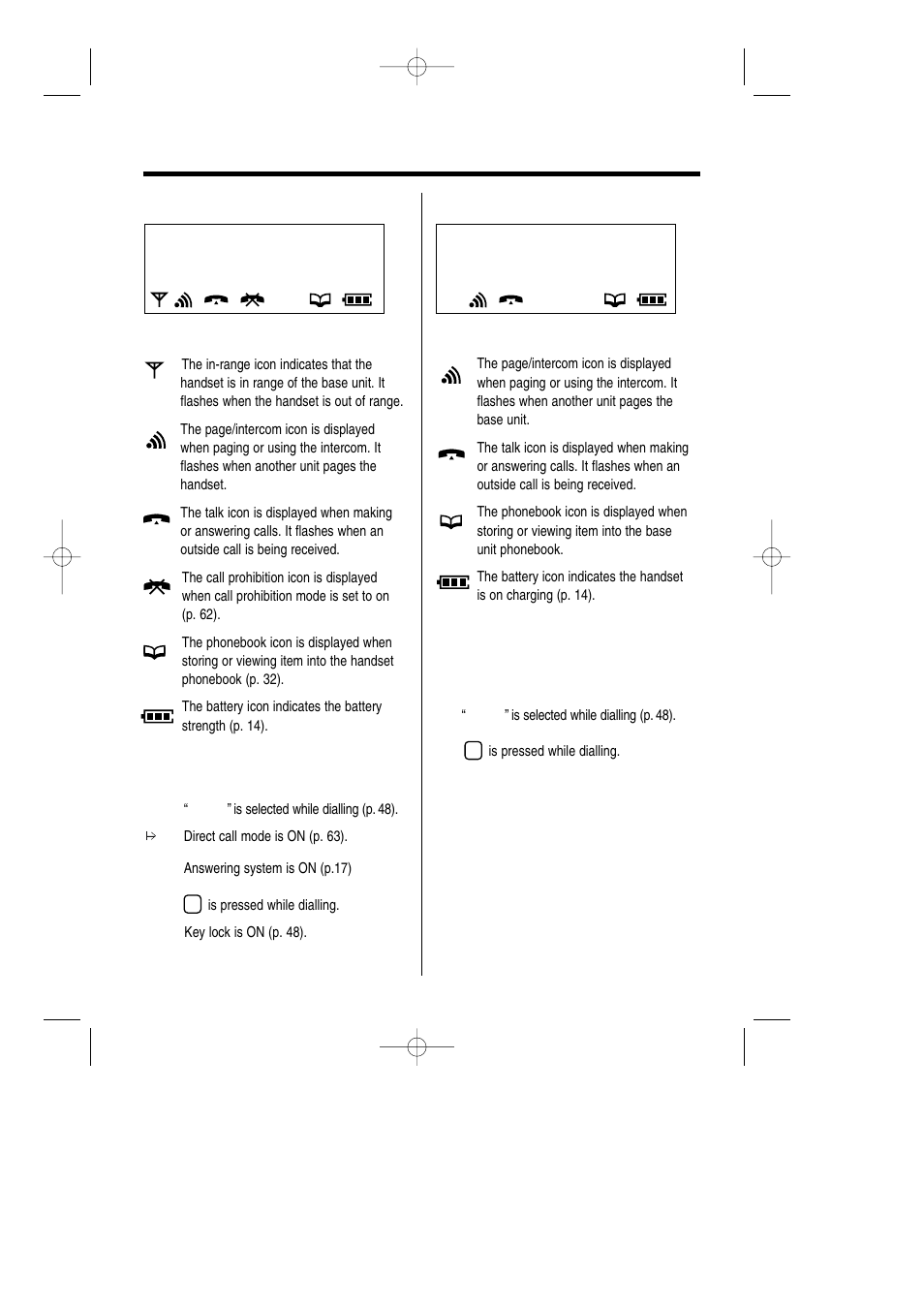 Display, X] f, Handset display base unit display | Panasonic KX-TCD735ALM User Manual | Page 12 / 114