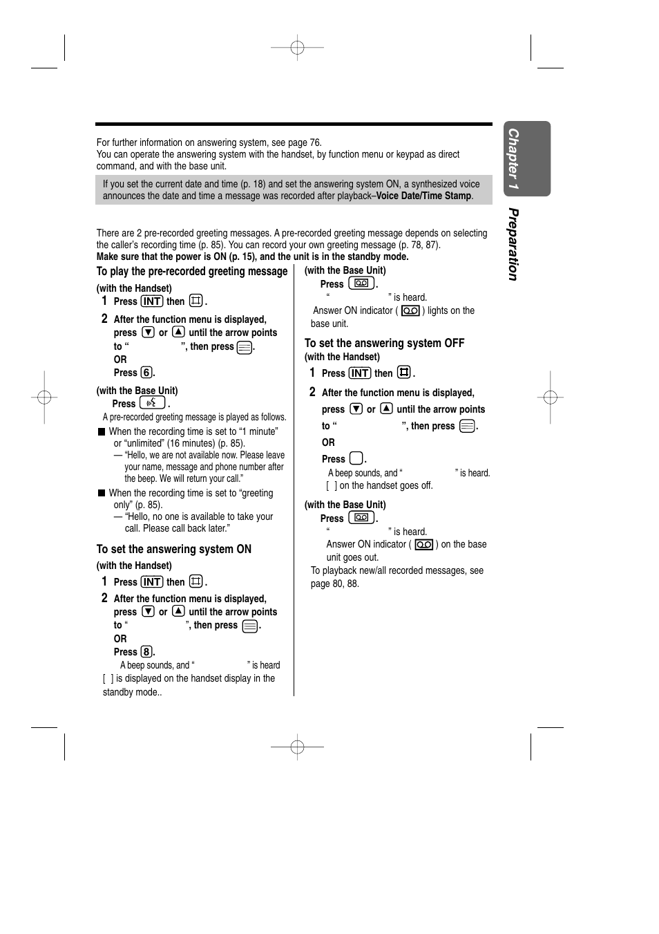 Basic answering system operations, Pre-recorded greeting message | Panasonic KX-TCD735ALM User Manual | Page 17 / 114