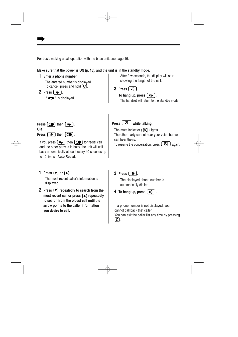 Making calls, Redial call, Calling back with the caller list | With the base unit | Panasonic KX-TCD735ALM User Manual | Page 22 / 114
