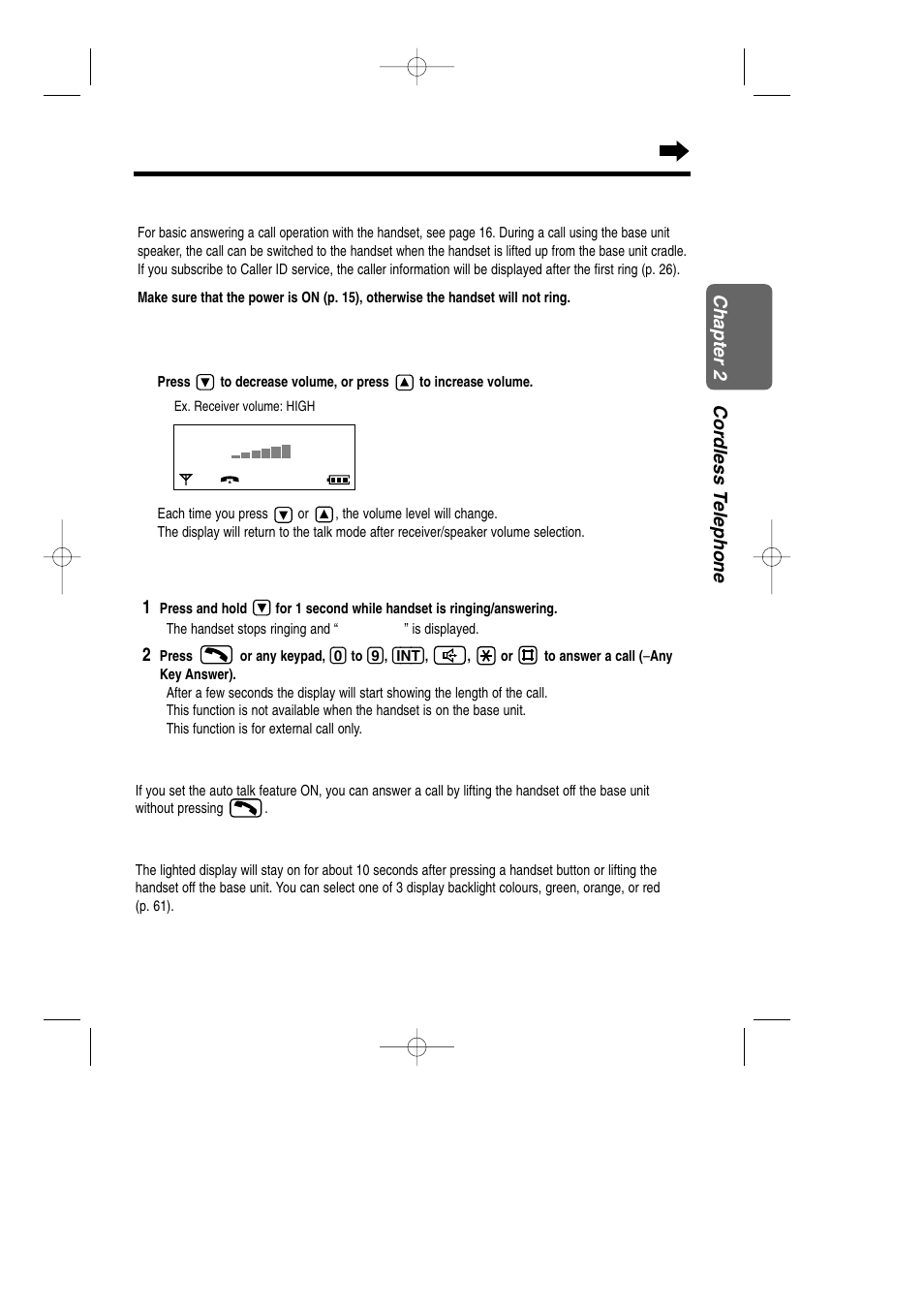 Answering calls handset, Selecting the receiver volume, Temporary ringer/monitor off | Answering calls, With the handset | Panasonic KX-TCD735ALM User Manual | Page 23 / 114