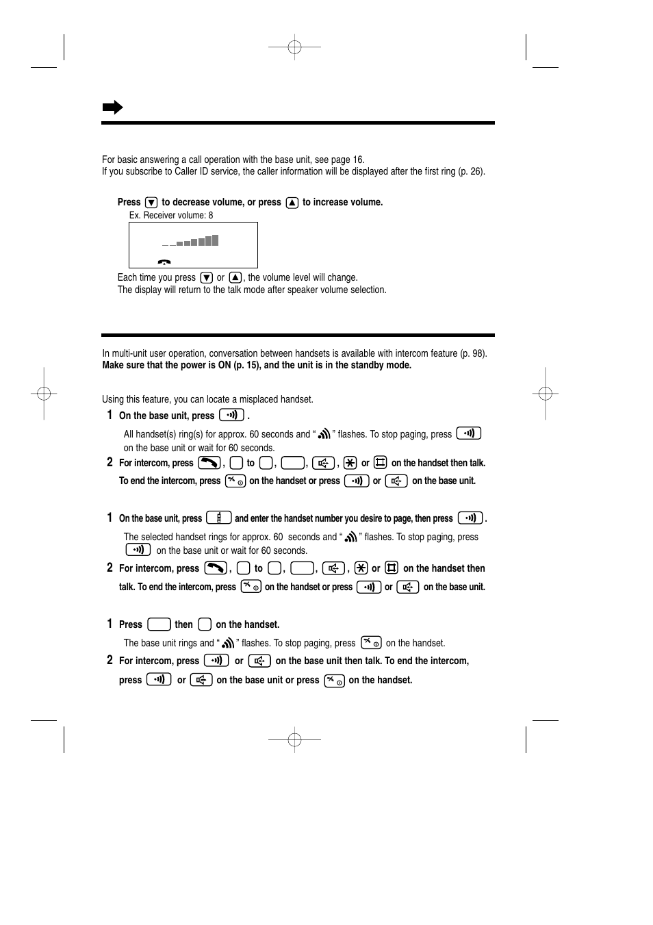 Answering calls base unit, Paging/intercom, Answering calls | With the base unit | Panasonic KX-TCD735ALM User Manual | Page 24 / 114