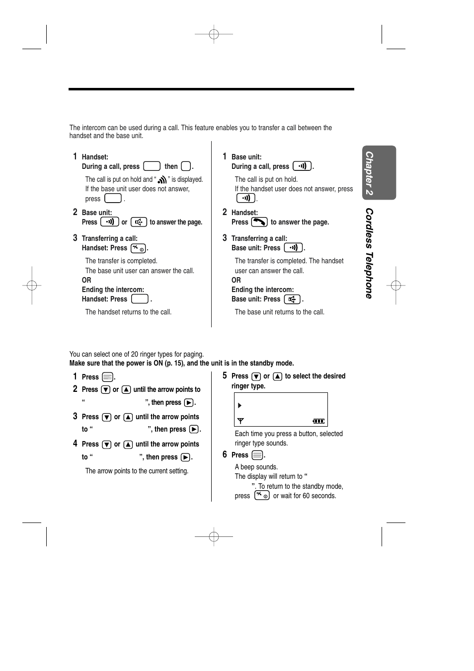 Transferring a call using the intercom, Selecting the ringer type for paging | Panasonic KX-TCD735ALM User Manual | Page 25 / 114