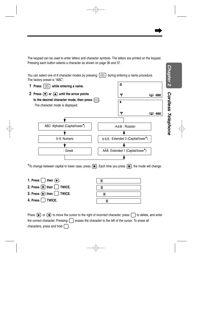 Selecting characters, With the handset selecting characters | Panasonic KX-TCD735ALM User Manual | Page 35 / 114