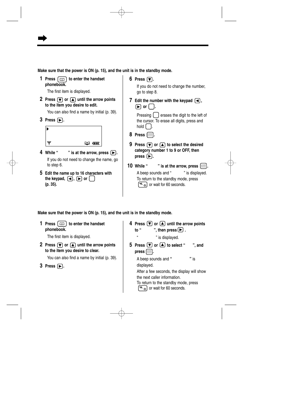 Editing an item in the handset phonebook, Clearing an item in the handset, Clearing an item in the handset phonebook | Phonebook | Panasonic KX-TCD735ALM User Manual | Page 38 / 114