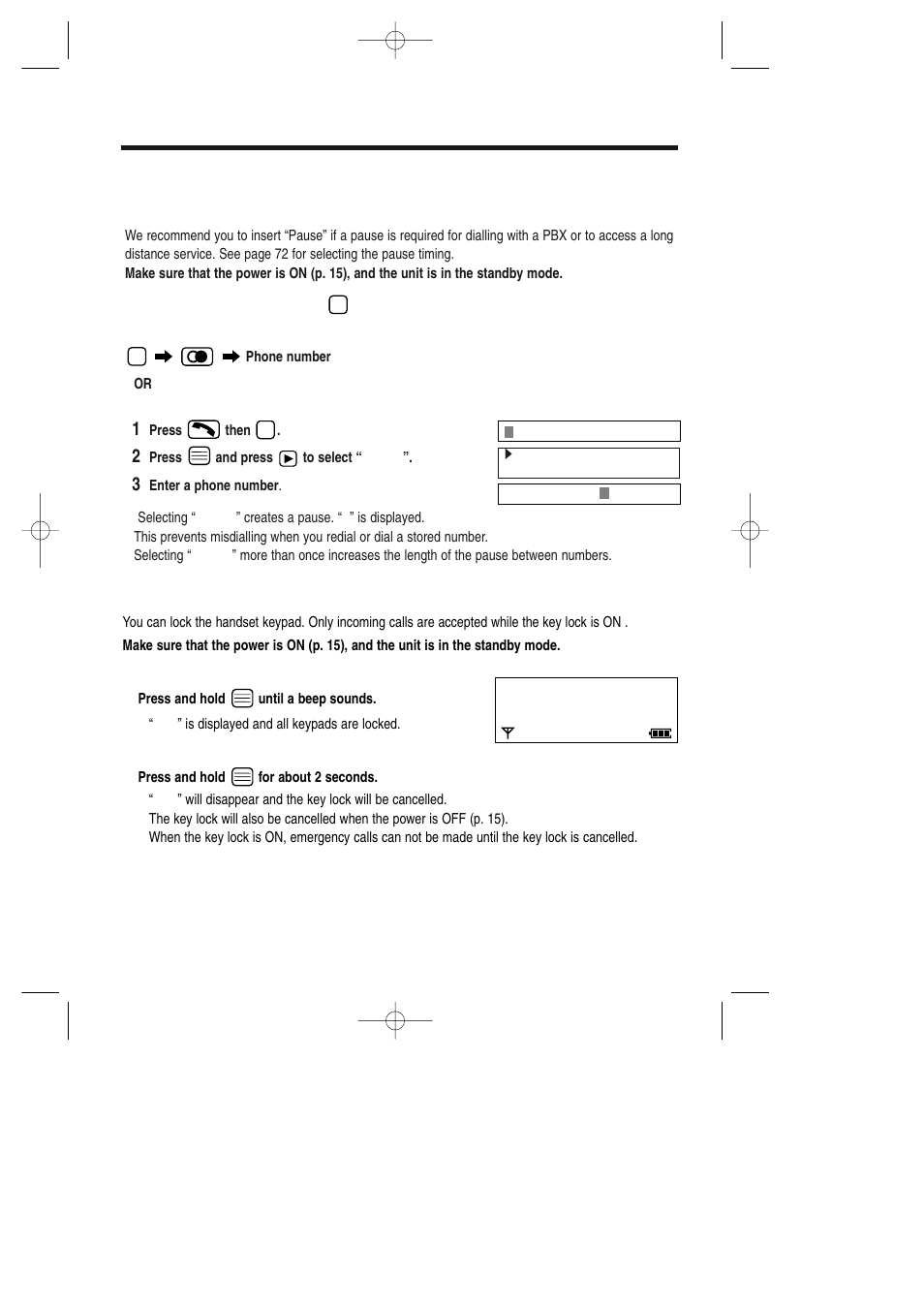 Pause feature, Key lock, Special features | Panasonic KX-TCD735ALM User Manual | Page 48 / 114