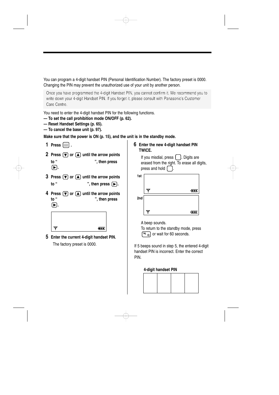 Handset pin, With the handset changing the 4-digit handset pin | Panasonic KX-TCD735ALM User Manual | Page 52 / 114