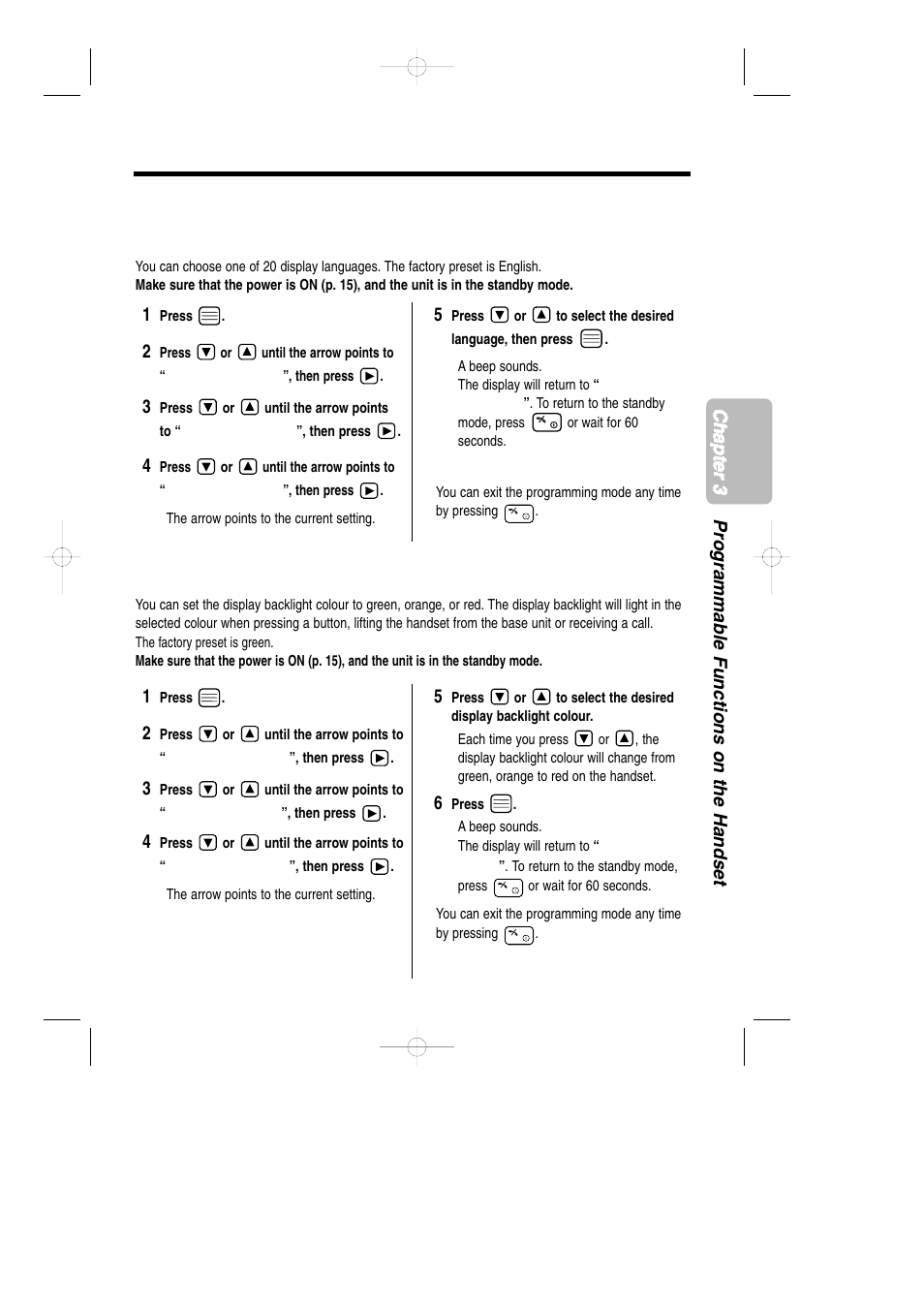 Selecting the display language, Selecting the display backlight colour, With the handset selecting the display language | Panasonic KX-TCD735ALM User Manual | Page 61 / 114